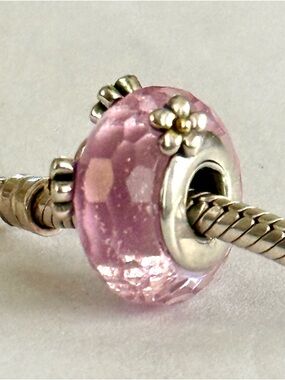 Pink Floral faceted Murano Glass Charm fit Pandora bracelets